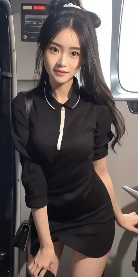 incredibly_absurdres, huge_filesize, (realistic, photo-realistic:1.4), ultra detailed, 4k, raw photo, (masterpiece:1.2), (best quality:1.2), physically-based rendering, (ulzzang-6500-v1.1:1.2), (original photo:1.2), (realistic:1.4), HD quality, day, in spring, beautiful detailed sky, beautiful flower field, beautiful peach blossom trees, jwy1, 1girl,  (stewardess:1.2), solo, bishoujo, cute, black hair, hair bun, forehead, beautiful detailed face, beautiful detailed eyes, aqua eyes, longeyelashes, cute face, looking at viewer, light smile, nose blush , (((closed mouth))), stewardess shirt, stewardess miniskirt,  zettai ryouiki, (see-through black half stocking:1.2), Stewardess shoes, long legs, slim legs,  (detailed realistic skin, detailed beautiful realistic natural face:1.2),  arms behind back , (dynamic angle, dynamic pose:1.1), (slender, medium detailed breasts, thin waist, medium thighs, tight ass, perfect figure:1.1),  (glossy skin:1), light on the face, (cinematic light), lens flare, shade, backlighting, depth of field,(professional cinematic lighting, backlighting)