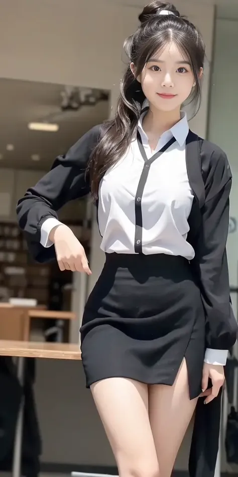 incredibly_absurdres, huge_filesize, (realistic, photo-realistic:1.4), ultra detailed, 4k, raw photo, (masterpiece:1.2), (best quality:1.2), physically-based rendering, (ulzzang-6500-v1.1:1.2), (original photo:1.2), (realistic:1.4), HD quality, day, in spring, beautiful detailed sky, beautiful flower field, beautiful peach blossom trees, jwy1, 1girl, (stewardess:1.2), solo, bishoujo, cute, black hair, hair bun, forehead, beautiful detailed face, beautiful detailed eyes, aqua eyes, longeyelashes, cute face, looking at viewer, light smile, nose blush , (((closed mouth))), stewardess shirt, stewardess miniskirt, zettai ryouiki, (see-through black half stocking:1.2), Stewardess shoes, long legs, slim legs, (detailed realistic skin, detailed beautiful realistic natural face:1.2), arms behind back , (dynamic angle, dynamic pose:1.1), (slender, medium detailed breasts, thin waist, medium thighs, tight ass, perfect figure:1.1), (glossy skin:1), light on the face, (cinematic light), lens flare, shade, backlighting, depth of field,(professional cinematic lighting, backlighting)