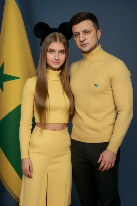 candid photograph of (woman and man together) TrualityCampus_Edeltraut wearing a turtleneck sweater and fur jacket and wool skirt ((embracing)) Ukrainian President<lora:Zelenskyy2:0.7>zelenskyy,(3/4 shot),(slight smirk),Kilo class submarine in the background,sunglasses,((Ushanka)),Ukrainian flag,(blue and yellow flag),((Kyiv))