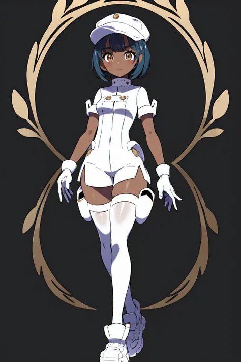 masterpiece, best quality, looking at viewer, <lora:PokemonV2:1>, generation 9, <lora:Aether:0.7>, aether_foundation, 1girl, gloves, solo, hat, white gloves, dark-skinned female, white headwear, blush, short sleeves, white footwear, thigh strap, looking at viewer, thigh holster, leggings