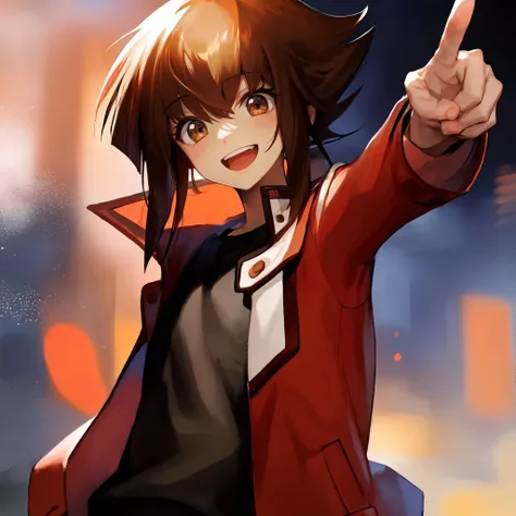 <lora:n8WSANyuuki juudai:0.8> yuuki juudai, yuuki juudai, 1boy, brown hair, solo, red jacket, bangs, black shirt, open jacket, hair between eyes, open mouth, smile, hands in pockets, white pants, red footwear, outdoors, duel academy uniform (yu-gi-oh! gx), 
(pointing at viewer,:1.1)