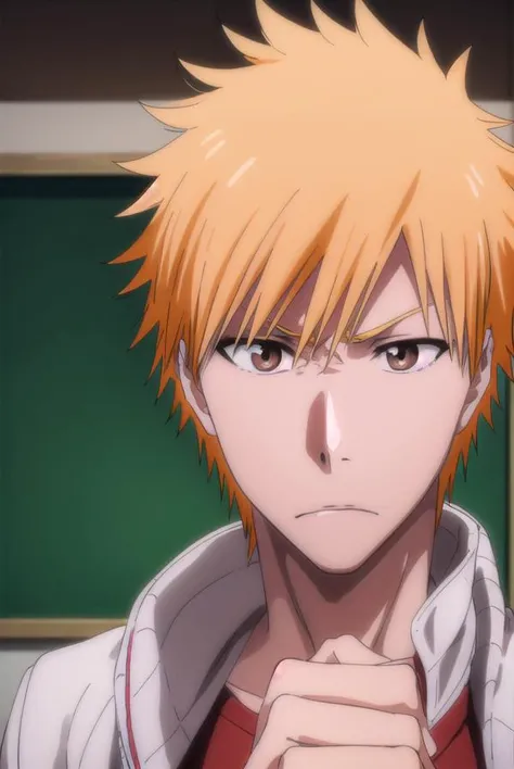 ichigokurosaki, <lyco:ichigokurosaki-lyco-nochekaiser:1>,
ichigo kurosaki, short hair, orange hair, spiked hair, (brown eyes:1.5),
BREAK shirt, long sleeves, school uniform, jacket, white shirt, open clothes, open jacket, grey jacket,
BREAK looking at viewer, upper body,
BREAK indoors, classroom,
BREAK <lyco:GoodHands-beta2:1>, (masterpiece:1.2), best quality, high resolution, unity 8k wallpaper, (illustration:0.8), (beautiful detailed eyes:1.6), extremely detailed face, perfect lighting, extremely detailed CG, (perfect hands, perfect anatomy),