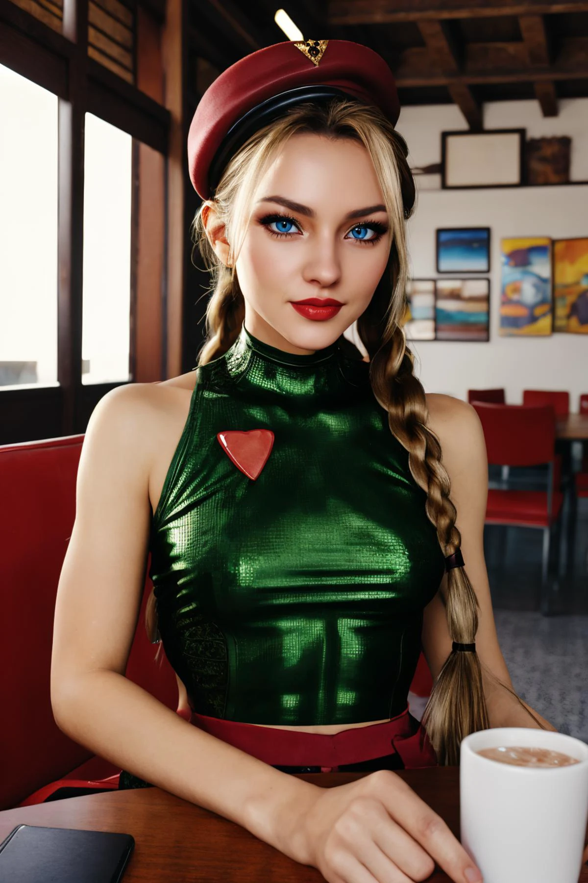sexy, (detailed eyes), (detailed face), beautiful lady, (pov sitting across table:1.1), looking at viewer, blush, (naughty) (naughty smile:0.9),
(mystical tattoo:0.9), (neck tattoo), ((narrow waist)), skinny, thin, (fit body:1.1), (perfect proportions:0.8), (perfect anatomy:0.8), red lipstick, (perfect teeth:0.9), perfect breasts,
(cowboy shot:1.1),
(shiny skin)
<lora:cammySF6s2-12:0.9> cammy, (silkgreen leotard:1.05), chest harness, long twin braids, camouflage, long hair, beret,
BREAK,
good hands, detailed hands, anatomical hands,
(beautiful composition:1.1), masterpiece, fantasy, sexy, petite, soft glow, polished, clean image, gorgeous, stunning, triadic colors, high contrast, Vivid color, dark,
<lora:CONCEPT_pov_dating_ownwaifu-15:1> (concept_pov_dating_ownwaifu:1.1), www.ownwaifu.com, 1girl, solo, looking at viewer, sitting at a table overlooking beautiful tropical island beach view,, photorealistic, photograph, photo, dlsr, Fuji Film, extremely high detail, (volumetric lighting), (dynamic lighting), godrays, Rembrandt lighting, real shadows, intricate detail