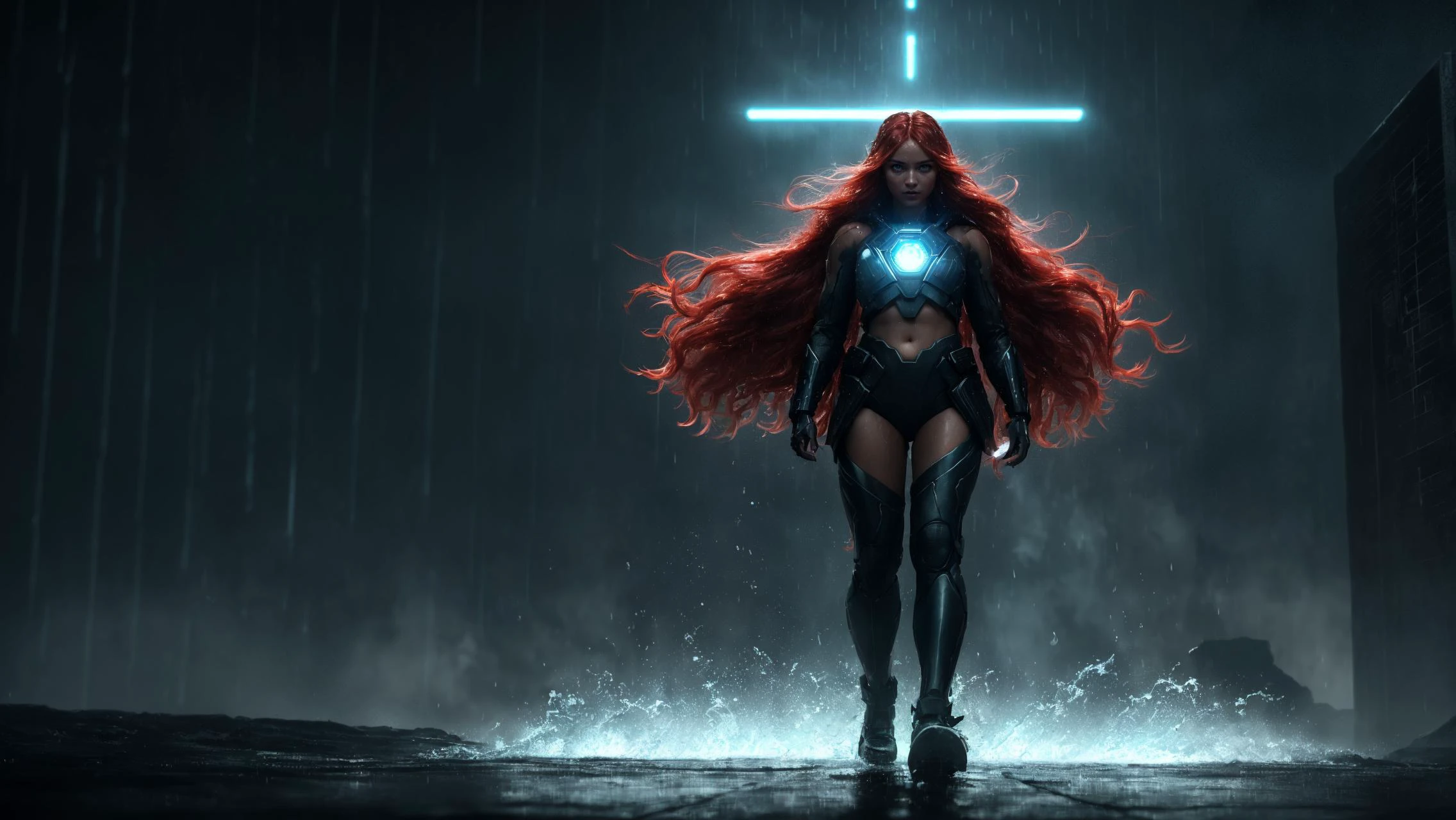 eonn (1woman 25yo), (full body, action shot, symmetrical eyes, fine details best quality, hyperdetailed face, perfect hands, photorealistic, highest quality, best shadow, high contrast, moody, film grain, dark, highly detailed. photography, professional, 4k, 8k HD, highly detailed, professional),in the year 2050 a 25yo superhero woman, (water for hair, her hair is made of red water), ((stops a criminal with the power of rain)), her costume is made of water, <lora:add-detail-xl:1>
