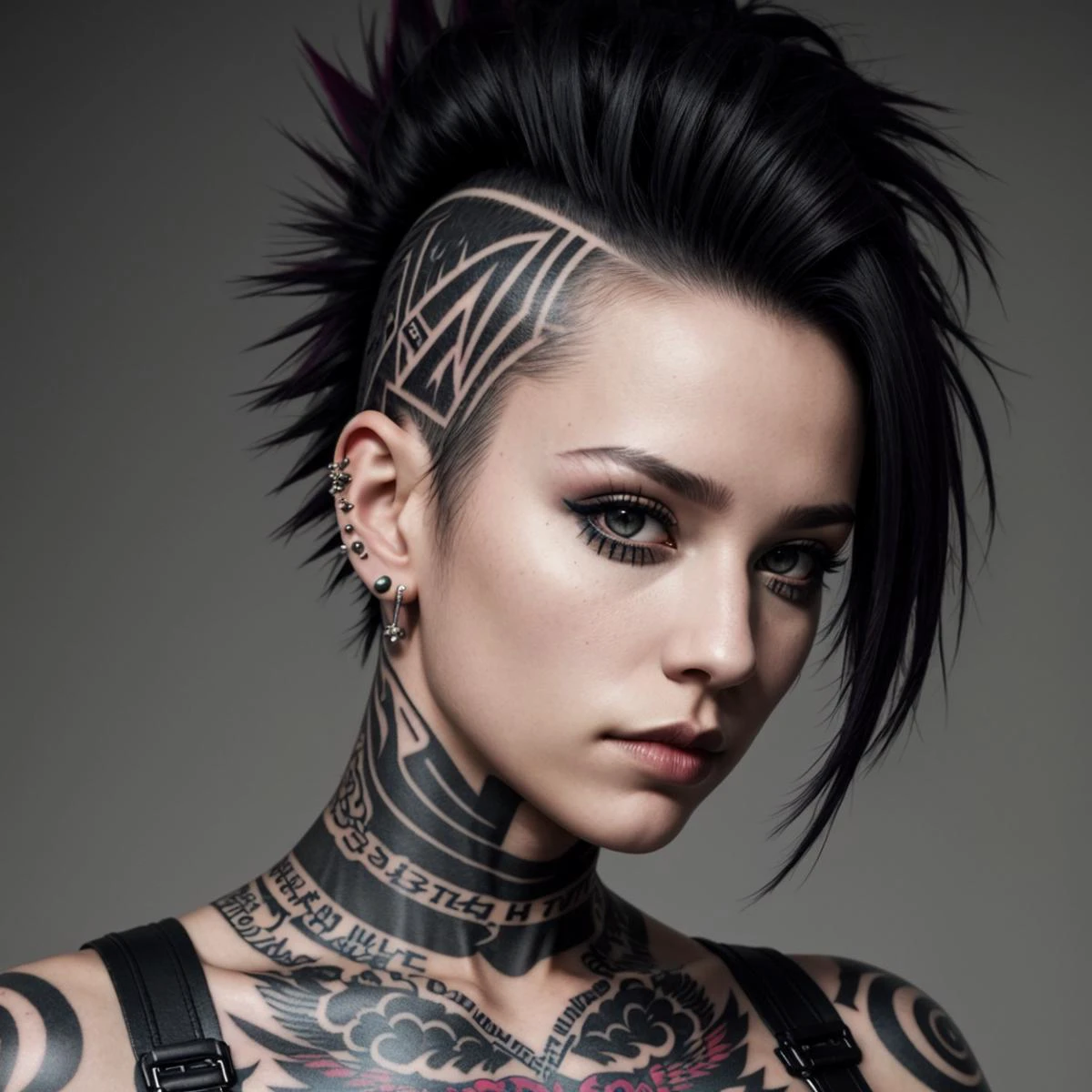 1girl, punk, , mohawk, piercing, tattoo, grey eyes, full body
, photorealistic:1.3, best quality, masterpiece,