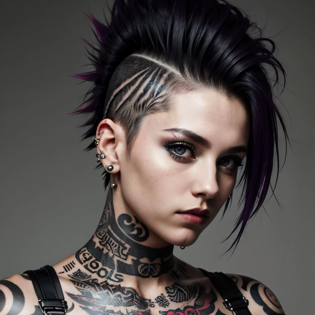 1girl, punk, , mohawk, piercing, tattoo, grey eyes, full body
, photorealistic:1.3, best quality, masterpiece,