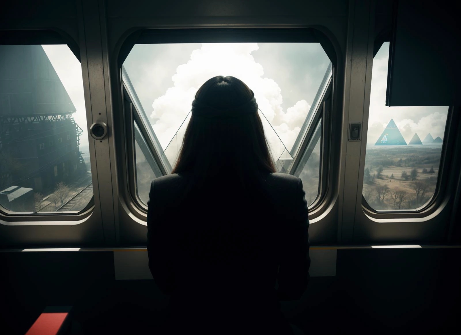 three cornered window, back of head shot of (woman looking out of triangle window:1.1), 3rd person, Looking out the triangular window of a (train:1.1) with triangular windows, triangular windows and triangular, wheels, in a fantasy world,
psychedelic, geometric, vivid light, high contrast, triadic colors, dark shadows, explosions, nuclear mushroom cloud, nuclear explosion, dystopian nightmare,
(beautiful composition),
21 yo woman,