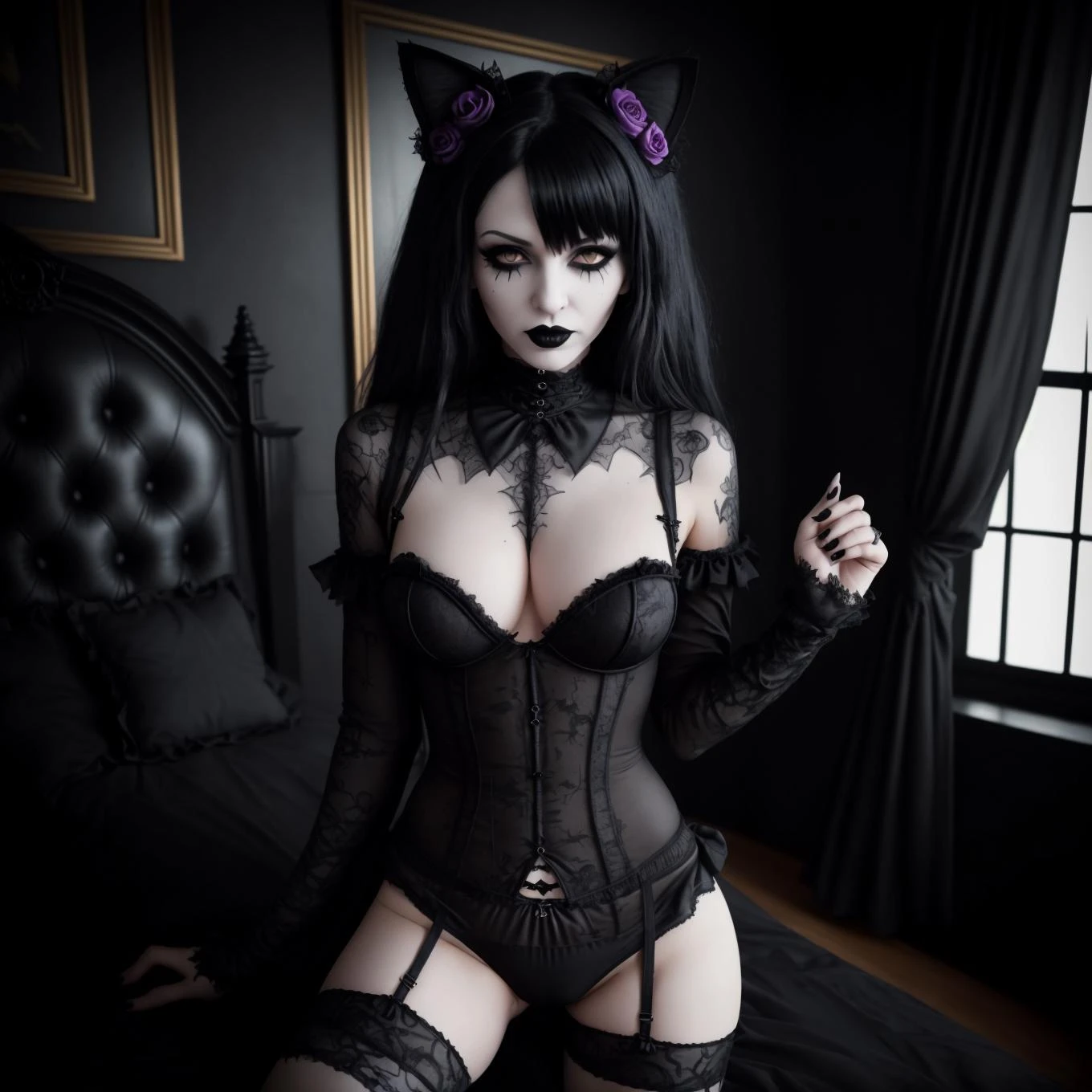 sexy goth cat girl, <lora:ARWBedroomGothic:1> gothic, bedroomgothic, sexy black undergarments