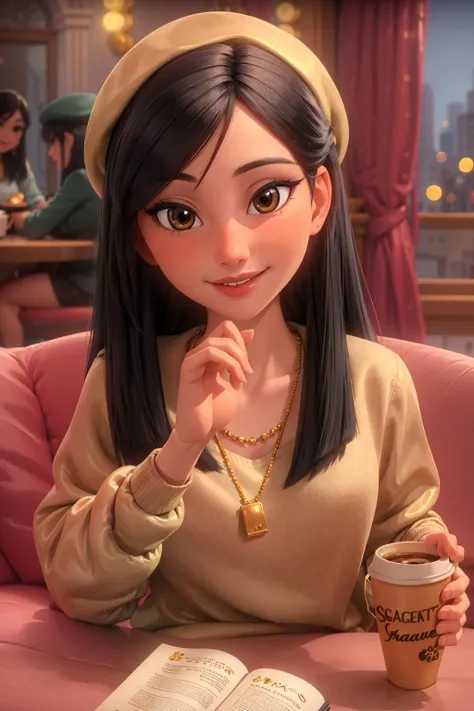 portrait, looking at viewer, smile, parted lips,
1girl, solo, blunt ends, brown eyes, long hair,
black beret, oversized beige sweater, thin gold necklace
sitting at cafe, holding coffee, morning, bustling cafe, city visible through window,
volumetric lighting, masterpiece, best quality
<lora:Mulan_ODD:0.6>