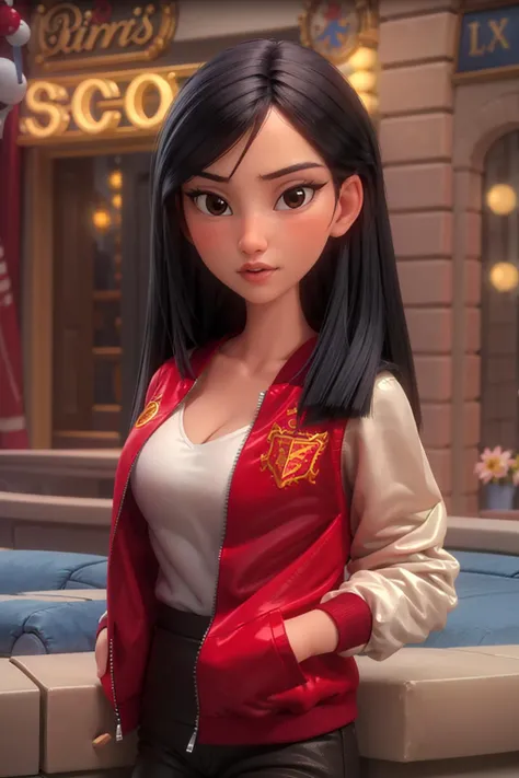 portrait, looking at viewer, parted lips,
1girl, solo, blunt ends, brown eyes, long hair,
red jacket, letterman jacket, sukajan, white sleeves, white undershirt, black pants, pants, cleavage, unzipped jacket,
outdoors, bustling city, daytime, spring,
volumetric lighting, masterpiece, best quality
<lora:Mulan_ODD:0.6>