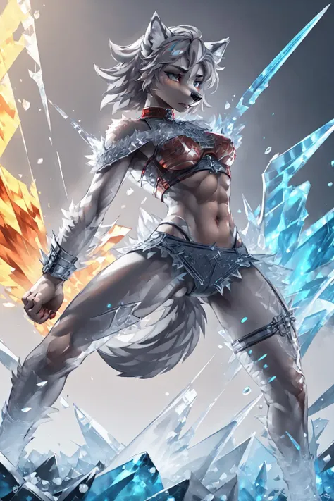 (anthro wolf:1.2), medium breast, (detailed grey  hair) 3ch0l1ng3r13, bare shoulders, miniskirt, strappy, (red crop top made of ic34rmor, red ice),
action stance
(masterpiece:1.2), (best quality:1.2), (intricate:1.2), (highly detailed:1.2), (sharp:1.2), (8k:1.2),
cinematic light, vivid colors <lora:3ch0l1ng3r13:0.75> <lora:Clothing - Ice Armor:1>