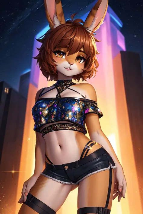 (anthro rabbit:1.2), medium breast, perfect hourglass body, (detailed rusty  hair), (detailed tan  fluffy fur), 3ch0l1ng3r13, bare shoulders, (printed crop top), (glitter sparkling miniskirt), strappy,
seductive stance,
clear night
(masterpiece:1.2), (best quality:1.2), (intricate:1.2), (highly detailed:1.2), (sharp:1.2), (8k:1.2),
cinematic light, vivid colors <lora:3ch0l1ng3r13:0.75>