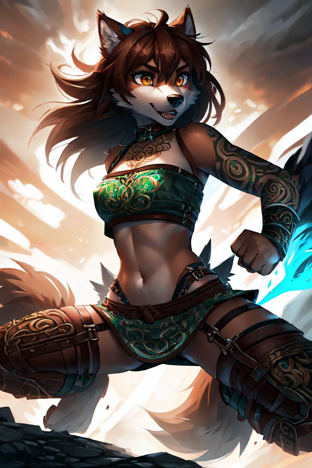 (anthro wolf:1.2), medium breast, (detailed brown hair) 3ch0l1ng3r13, bare shoulders, miniskirt, strappy, (red crop top made of CeltPunkAI),
action stance
(masterpiece:1.2), (best quality:1.2), (intricate:1.2), (highly detailed:1.2), (sharp:1.2), (8k:1.2),
cinematic light, vivid colors <lora:3ch0l1ng3r13:0.75> <lora:CeltPunkAI:1>