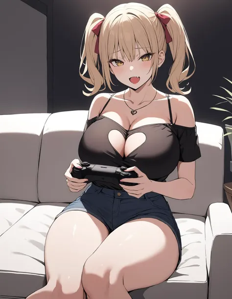(((masterpiece))), (((highest quality))), (((From the side))), (((Play video games))), ((RPG game interface on TV)), Manga Bookshelf, ((PlayStation)), alone, A girl sitting on a sofa, wooden floor, ribbon, brown twintails, black lace dress, CD, doll, table, poster, window,, 、camel toe、huge tit、Nipple Puffs、cleavage、Plump、Super big breasts、super big butt