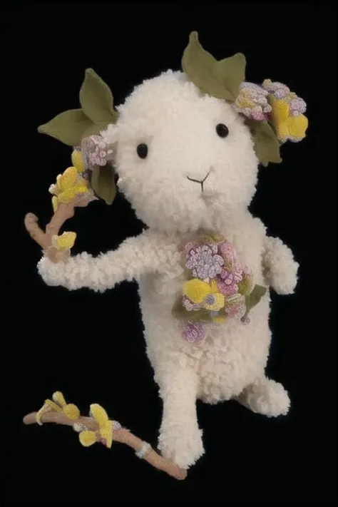 toy, sheep, leaves, front view,A high detail high definition overly cute amazing creature, (leotard:.75) ,big nude breasts,meticulous elemental, (intricate hyperdetailed) illustration,   Intricate, 8k resolution. Resolution post-processing, (general adversarial networks:1.33),(rattan bondage), (flower:1.7), covered by leaf, covered by (flowers and leaves:1.37)