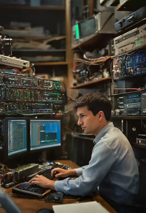 Photography in (stvmccrr style), a brilliant computer programmer in Silicon Valley, surrounded by computers and high tech, emotive humane photography, rich colors, analog film, film grain, kodachrome, intricate details, insanely detailed, natural lighting, 8k, hdr, masterpiece, award winning photography