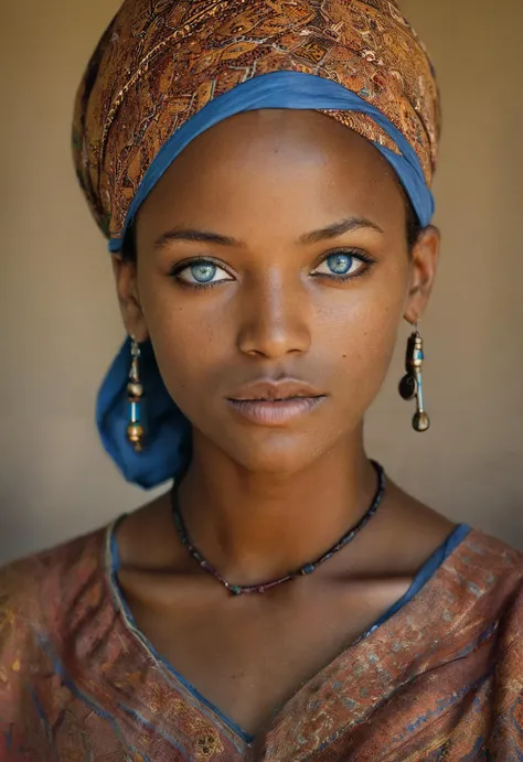 Photography in (stvmccrr style), a young Nubian woman with striking blue eyes, cultural portrait, emotive humane photography, rich colors, analog film, film grain, kodachrome, intricate details, insanely detailed, natural lighting, 8k, hdr, masterpiece, award winning photography