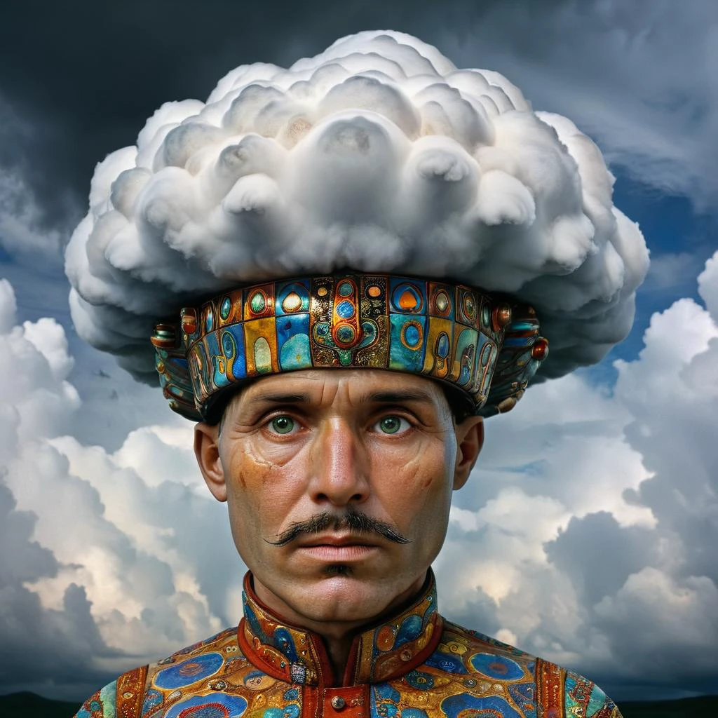 cloud head, cinematic photography by Steve McCurry, amazing depth, beautiful art, maximalism, rich colors, fantasy concept art, by Friedensreich Hundertwasser, by Gustav Klimt, cinematic lighting, whimsical clouds, hyperdetailed, dark light, stunning masterwork by head of prompt engineering <lora:hyperkraximalism:0.36> <lora:stvmccrr:0.8>