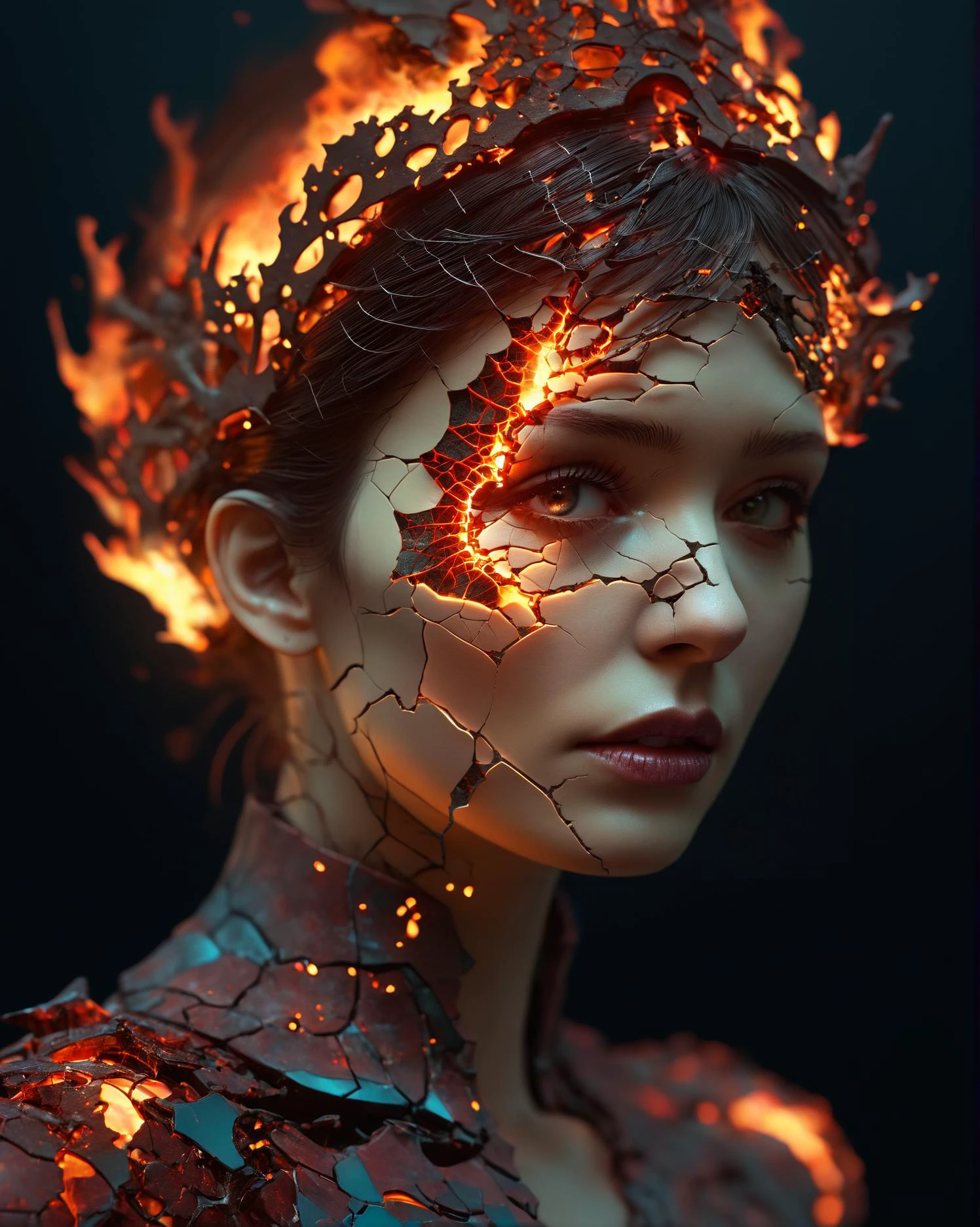 burning heroine, fantasy concept art, night scenery, fractal cracked surface, bokeh, (mixed styles by Alberto Seveso and Gediminas Pranckevicius and Wadim Kashin:1.2), breathtaking intricate details, dramatic natural lighting, reflective catchlights, cinematic, brilliant, sharp focus, fantastical and mysterious, maximalist masterwork by head of prompt engineering <lora:stvmccrr:0.7>
