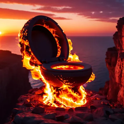 cinematic photo 4k,highly detailed,masterpiece,of fire that looks like a (toilet),sitting on the edge of a cliff overlooking a great sunset over the sea,<lora:Aether_Fire_v1_SDXL_LoRA:1>,<lora:add-detail-xl:1> . 35mm photograph, film, bokeh, professional, 4k, highly detailed