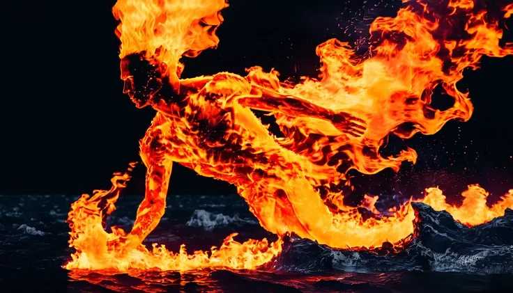 long shot of a man made of engulfing fire diving into a sea of fire, cinematic, intricate, black background <lora:Aether_Fire_v1_SDXL_LoRA:1>