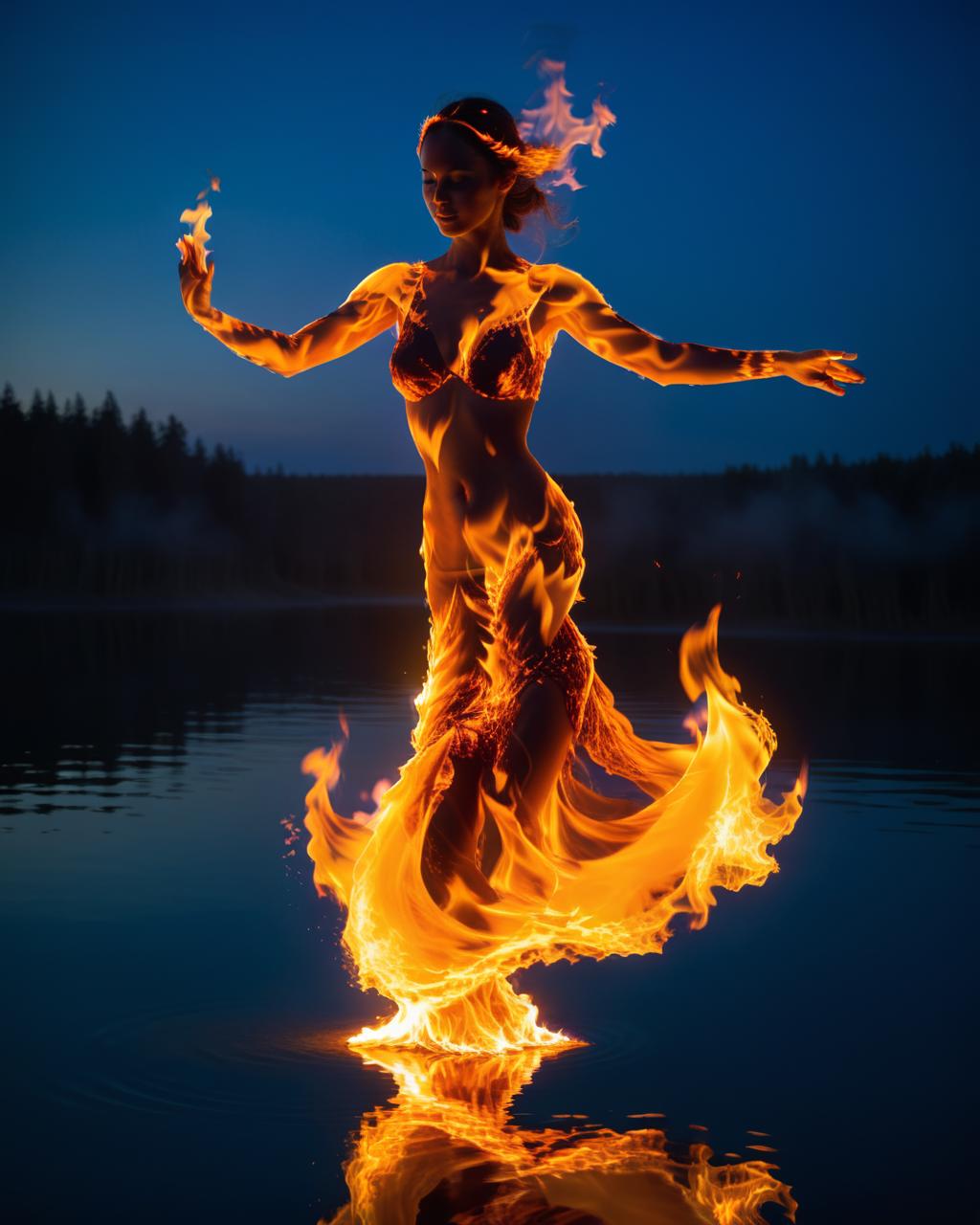 A woman in a long dress is dancing with fire - SeaArt AI