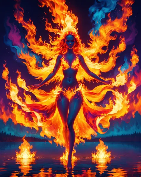 Psychedelic style, shot of psychedelic style of A beautiful tander fire woman, Psychedelic style full body shot of (Ultra realistic, Ultra high resolution masterpiece),  action pose, dinamic pose, double exposure, digital art, ultra quality, flame in the shape of a dancing girl on the surface of the lake, <lora:add-detail-xl:2>, <lora:xl_more_art-full_v1:0.2>, volumetric flames, fire field, <lora:Aether_Fire_v1_SDXL_LoRA:0.9>, Vibrant colors, swirling patterns, abstract forms, surreal, trippy