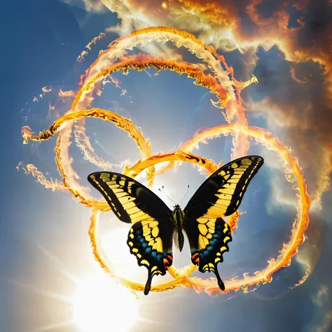 swallowtail butterfly flying through the rings of fire, sky, sun, double exposure, <lora:add-detail-xl:2>, <lora:xl_more_art-full_v1:0.2>, volumetric flames, fire, <lora:Aether_Fire_v1_SDXL_LoRA:0.9>
