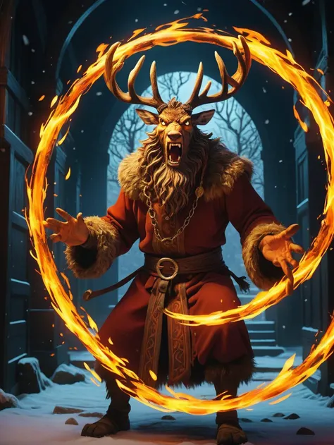 Role-playing game (RPG) style fantasy, a fire that like Reindeer with (glowing eyes:1.2) on a neon magical (circle), Perfect Hands, struggling, angry, crazy upset yelling, in the wizard's workshop, 
(SFW:1.3), (full body, dynamic pose, low angle), (winter:1.1), intense shadows, depth of field, in door <lora:add-detail-xl:0.5> <lora:perfect hands 2:1> <lora:DetailedEyes_V3:0.8> <lora:ether_Fire_v1_SDXL_LoRA:1>, Detailed, vibrant, immersive, reminiscent of fantasy RPG games