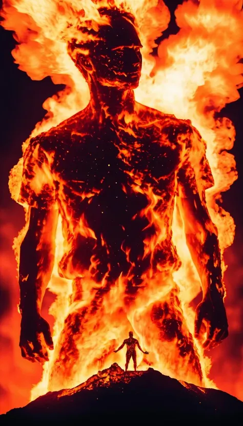 a man made of engulfing fire standing on top of a volcano, cinematic, intricate, black background <lora:Aether_Fire_v1_SDXL_LoRA:1>