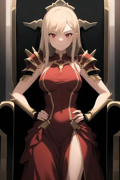 masterpiece,best quality,1girl,dark,hell,throne,red dress,armor,upper body,hands on hips,red eyes