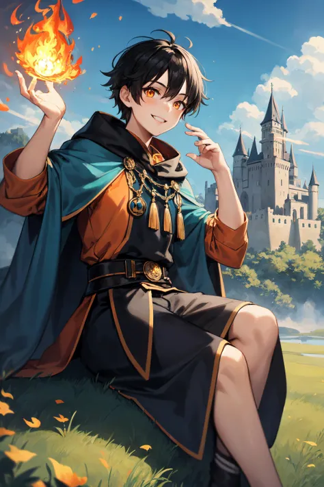 , black hair, orange eyes, ((hand up, floating magic energy-flame)), smiling, large cloak, sitting in green field, castle in background, fluffy clouds, blue sky, masterpiece, best quality,