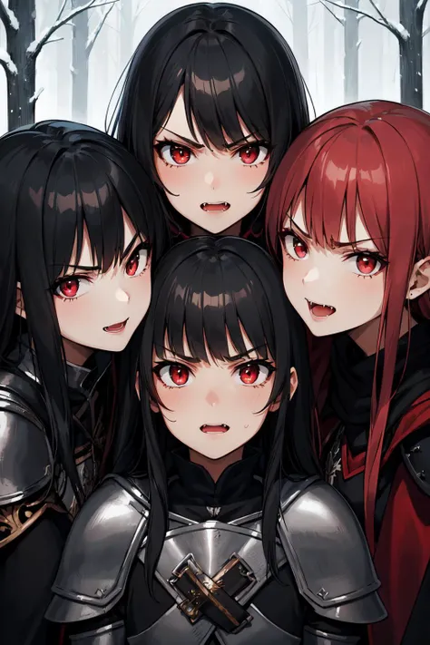 masterpiece, best quality, (close-up), looking at viewer, ((6girls)), ((hundreds of girls, heads touching eachother)), black hair, large vampire fangs, red eyes, angry, (large black medieval cloak, light armor, fantasy clothing), dark snowy forest background,