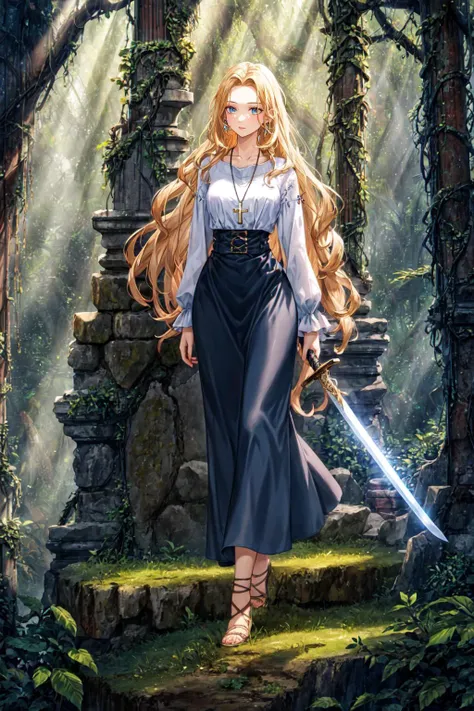 beautiful woman, blonde hair, long hair, european, loose peasant blouse, low waist long skirt, (hem embroidery), walking, looking around, holding, holding sword, (overgrown stone ruins:1.3), greenery, leaves, trees, vines, determined expression, cross necklace
, absurdres, ultra detailed, full body shot, intricately detailed forest background, light rays
<lora:Tyndall effect_20230811155100:0.7> <lora:epiNoiseoffset_v2:0.7> <lora:more_details:0.3>