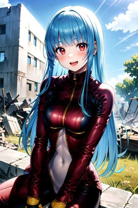 masterpiece, best quality, ultra-detailed, extremely detailed,illustration, 1girl, solo, kulams, bodysuit, gloves, zipper, red eyes, medium breasts, looking at viewer, blush, smile, open mouth, sitting, cowboy shot, blue sky, debris, ruins, outdoors, <lora:Kula:1>