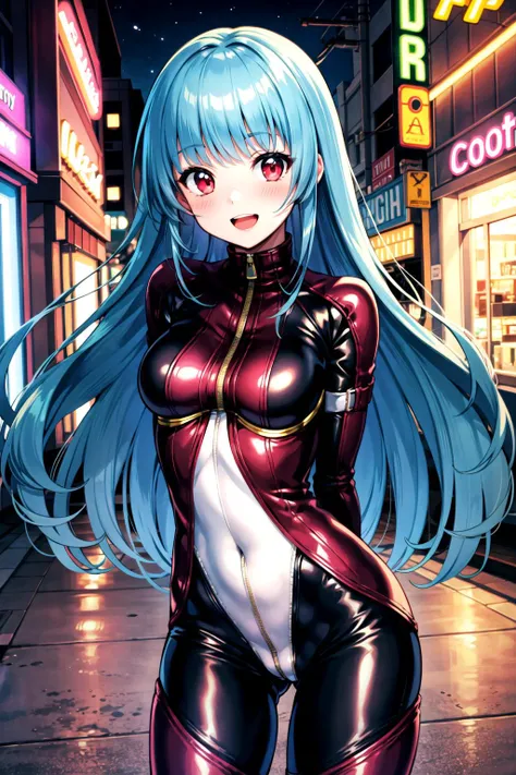 masterpiece, best quality, ultra-detailed, extremely detailed,illustration, 1girl, solo, kulams, bodysuit, gloves, zipper, red eyes, medium breasts, looking at viewer, blush, smile, open mouth, arms behind back, cowboy shot, city, night, neon lights, neon signs, <lora:Kula:0.8>