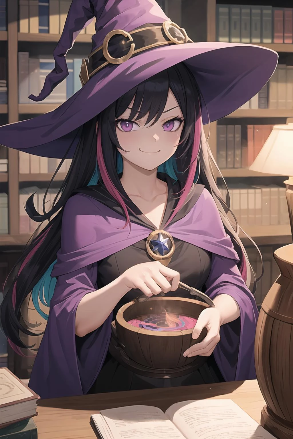 masterpiece, best quality,1girl,purple eyes,witch,multicolored hair,cauldron,room,bookshelf,magic circle in background,smug