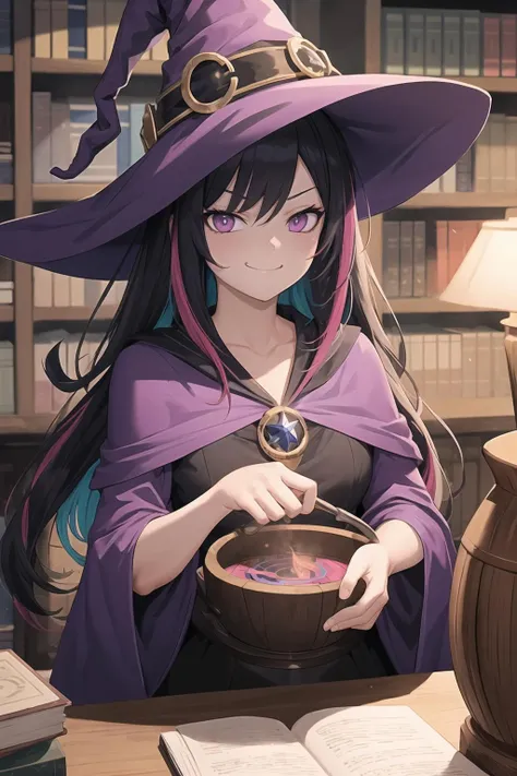 masterpiece, best quality,1girl,purple eyes,witch,multicolored hair,cauldron,room,bookshelf,magic circle in background,smug