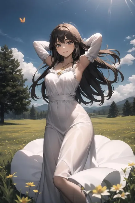 masterpiece best quality,1girl,long hair,bright sky,butterflies,meadow,long dress,frilled sleeves,necklace,smile,arms in air