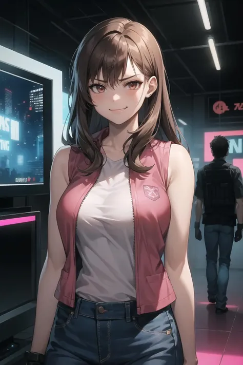 masterpiece best quality,1girl,pink vest,duster,jeans,arms at side,upper body,long brown hair,cyberpunk,dystopian city,multiple tv screens,distant neon lights,smug