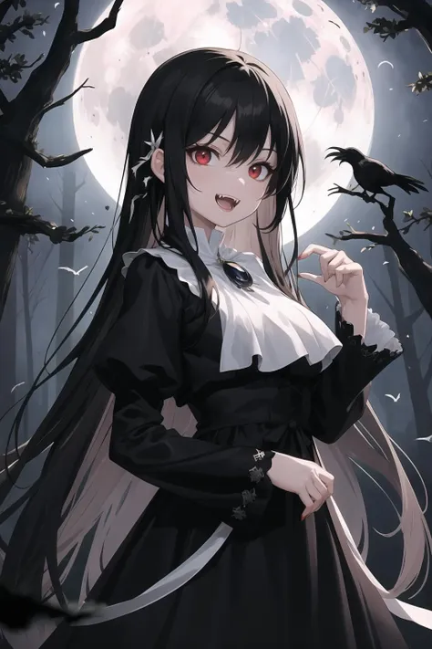 masterpiece, best quality,1girl,red eyes,fangs,long silky black hair,long black dress,white brooch,dark forest,[crows],[moon]