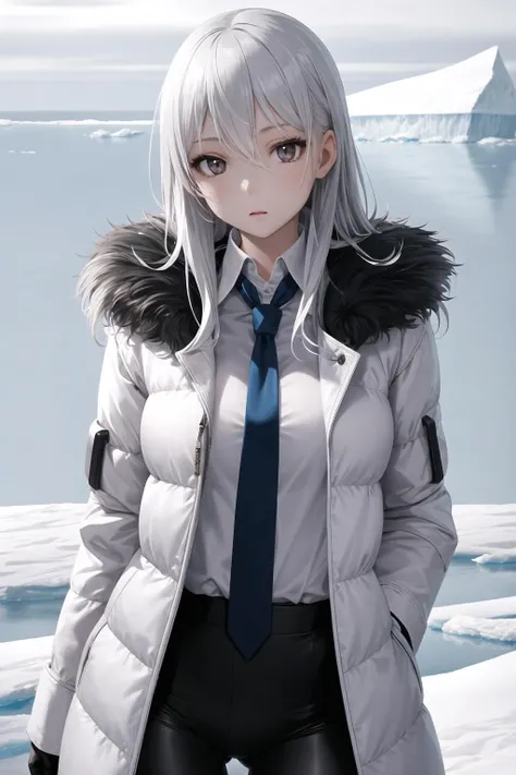 masterpiece, best quality, 1girl, antarctic, ice sheet, long white hair, silver eyes, fur coat, tie
