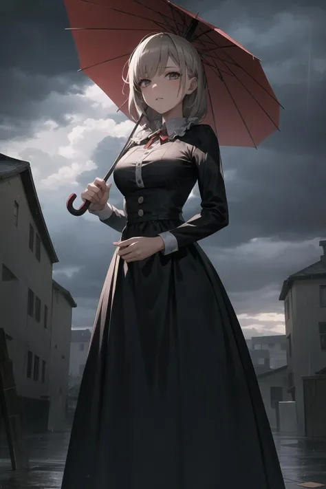 masterpiece best quality,1girl,dress,ribbons,buttons,long skirt,storm clouds,holding and umbrella,heavy rain