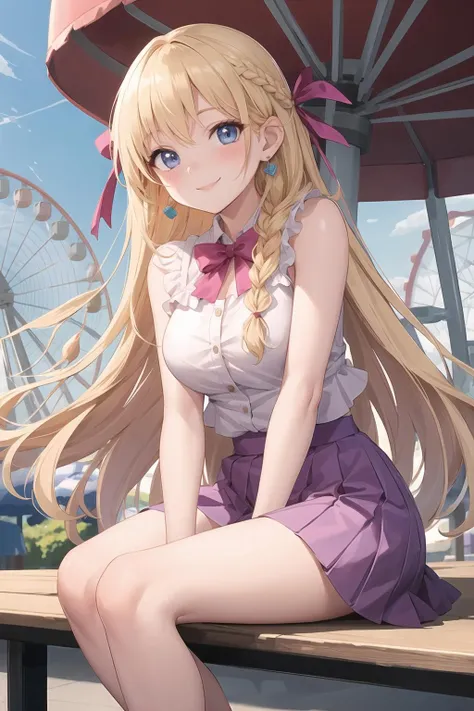 masterpiece, best quality,1girl,blue eyes,quad braids,long blonde hair,hair ribbon,buttons,earrings,pink frilled top,sitting,long purple skirt,amusement park,[ferris wheel in background],ice cream cone in hand,blush,smile