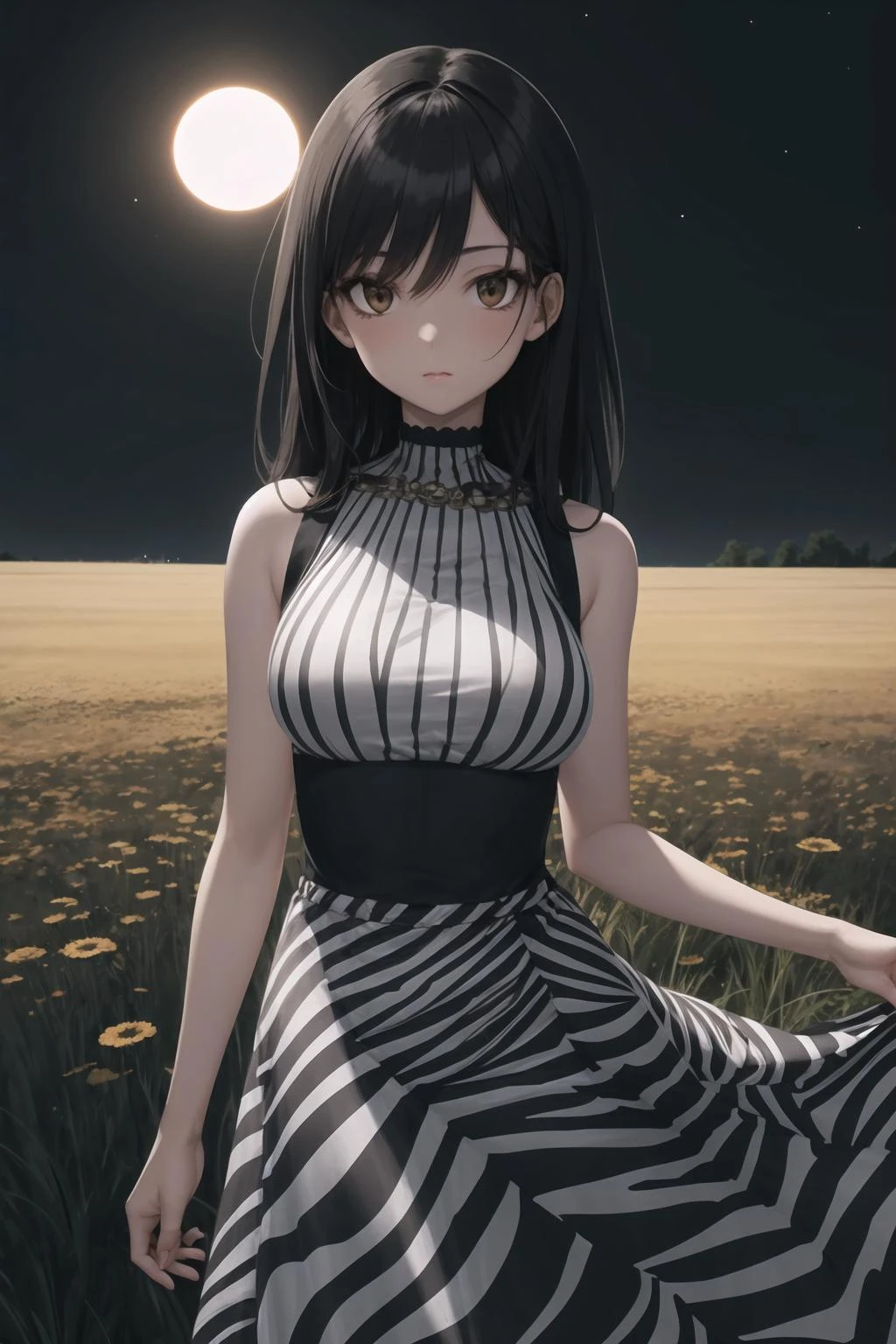 best quality, 1girl, upper body, looking at viewer, detailed, zebra print, dress, long skirt, standing in a field, dark colors, night, eclipse