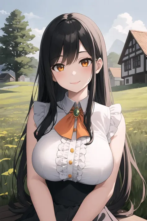 best quality,1girl,meadow,[houses],sitting,breasts,upper body,frilled shirt,two tone,very long black hair,looking at viewer,orange brooch,frills,smile