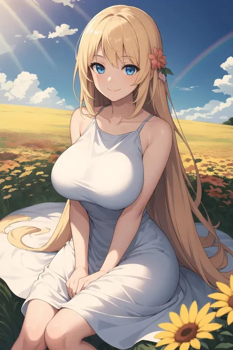 masterpiece,best quality,1girl,flower meadow,sunny day,long beige sun dress,large breasts,sun rays,very long blonde hair,blue eyes,sitting,arms in lap,smile,rainbow