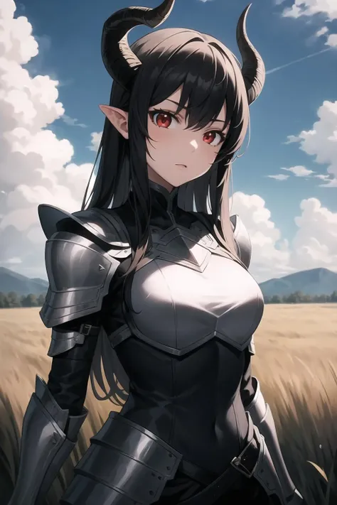 masterpiece best quality,1girl,upper body,red eyes,horns,very long hair,armored dress,field of grass,(cloudy sky:1.2)