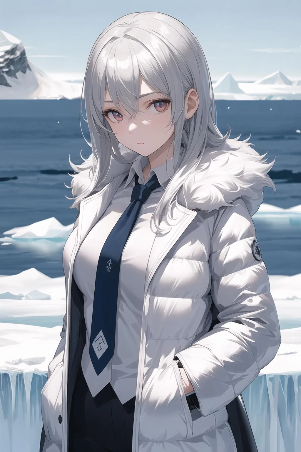masterpiece,best quality,1girl,antarctic,ice sheet,long white hair,silver eyes,fur coat,tie