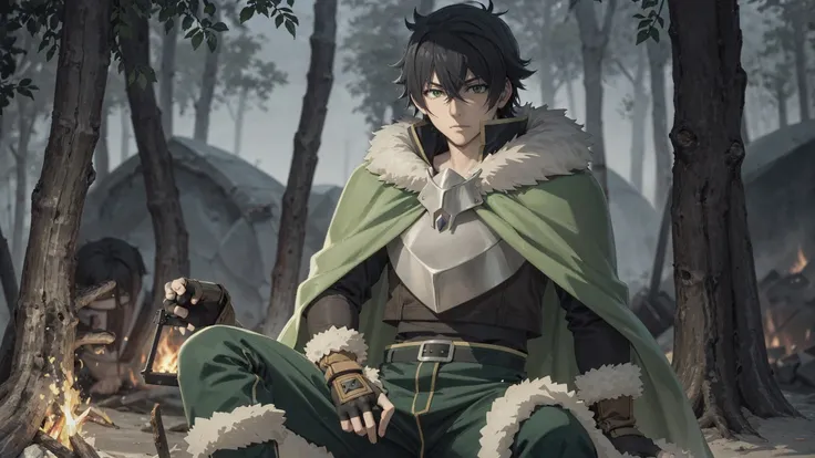 (best quality, high resolution, extremely detailed:1.2), <lora:shieldhero_iwatani-10:0.75> , iwatani naofumi sitting on campfire, fur trim, armor, green cape, pants, fingerless gloves, black hair , green eyes , solo, dark lighting, dynamic lighting,